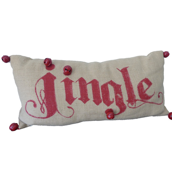 Pottery Barn JINGLE Bell Lumbar Pillow Christmas Holiday EUC Jute Red Bells 24" - Picture 1 of 5